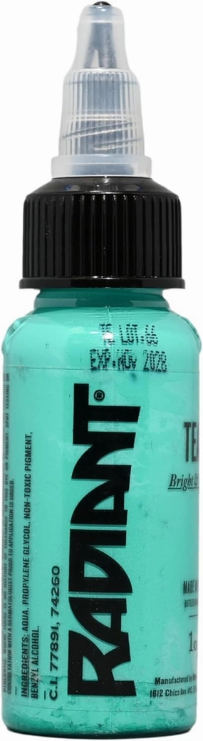 Radiant Colors Teal Tattoo Ink 1oz Bottle Vivid Blue Green Pigment Smooth Flow Long Lasting Professional Grade