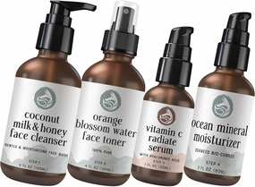 Radiant Skincare Essentials: Milk & Honey Cleanser, Orange Blossom Toner, Vitamin C Face Serum & Ocean Mineral Moisturizer