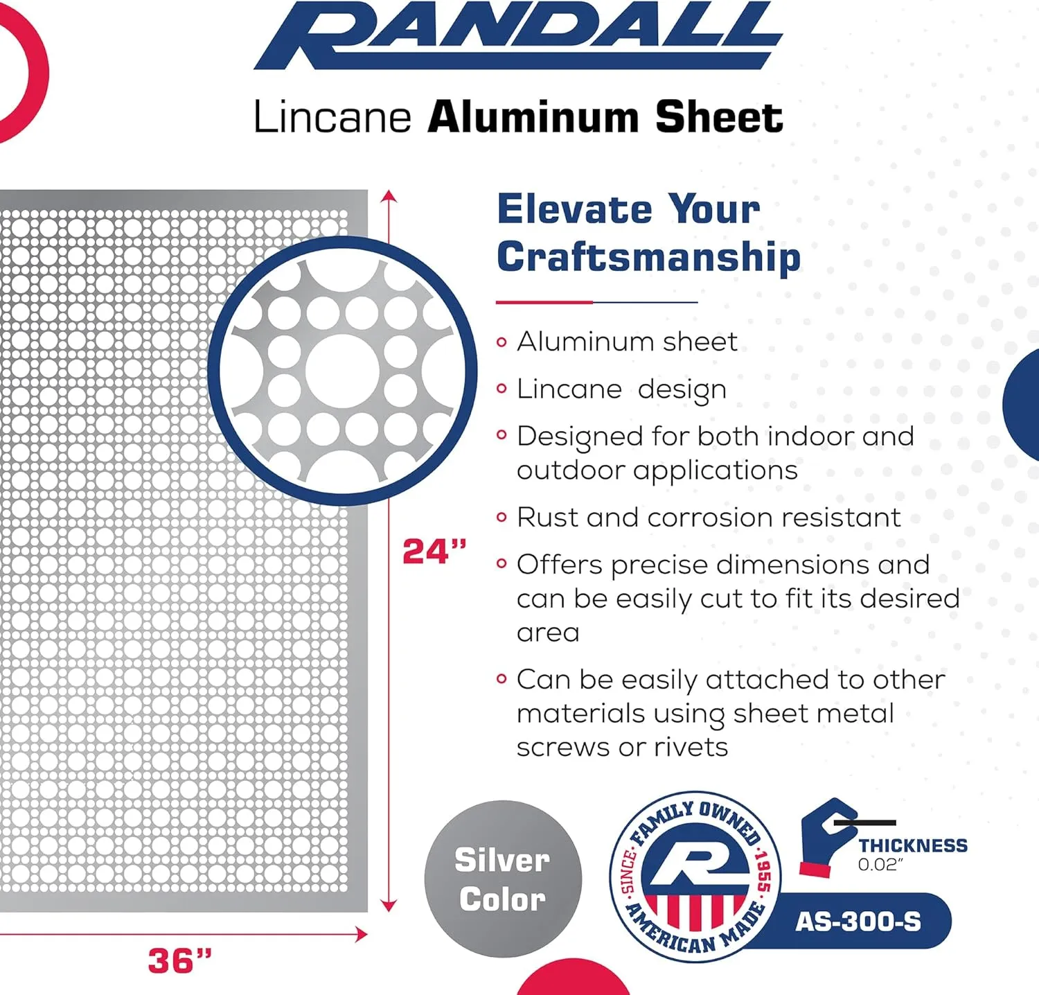 Randall Manufacturing Co., Inc | Perforated Aluminum Sheet | Radiator Sheet | Lincane Style Design | 24 x 36 inches | .020” Thick | Silver Aluminum | Great for Indoor & Outdoor Use | Made in The USA