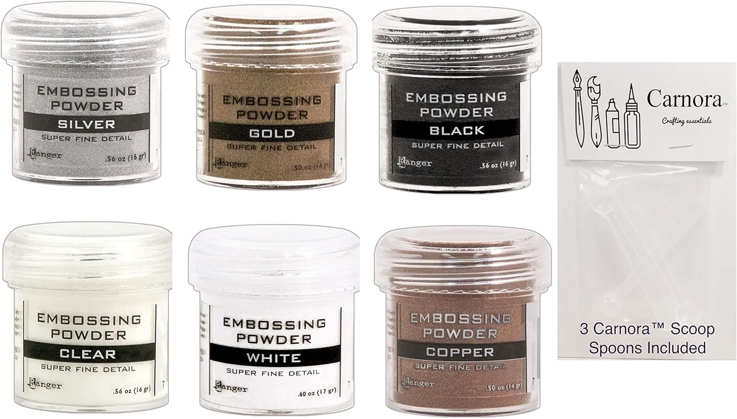 Ranger Fine Super Embossing Powder, White, Silver, Black, Copper, Clear and Gold, Bundle of 6 1/2 Ounce Jars Plus 3 Carnora Scoop Spoons