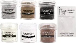 Ranger Fine Super Embossing Powder, White, Silver, Black, Copper, Clear and Gold, Bundle of 6 1/2 Ounce Jars Plus 3 Carnora Scoop Spoons
