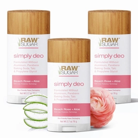 RAW SUGAR Aluminum Free Deodorant Stick, Simply Deo Bundle (Pack of 3) Whole Body Deodorant for Women & Men, Clean Formulated without Baking Soda, Talc & Parabens, Beach Rose   Aloe Scent