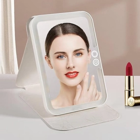 Rechargeable Three-Color Lighting LED Makeup Mirror with Light Square Leather Portable Folding Travel Lighting Mirror