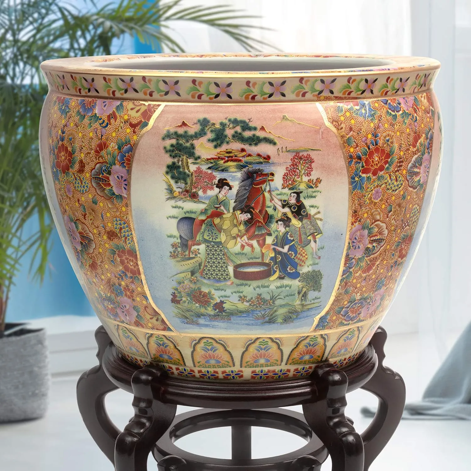 Red Lantern 14" Horse in Meadow Porcelain Fishbowl Planter