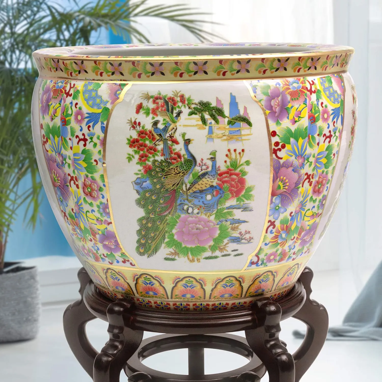 Red Lantern 14" Satsuma Birds & Flowers Porcelain Fishbowl Planter