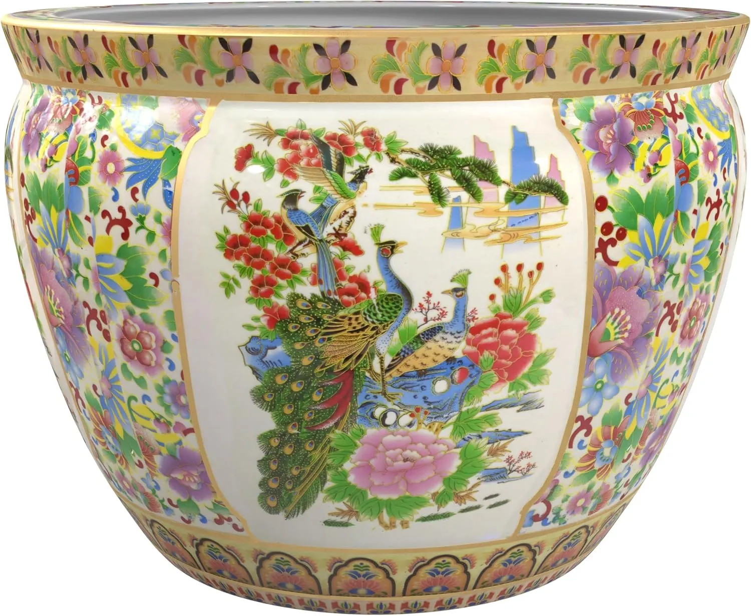 Red Lantern 14" Satsuma Birds & Flowers Porcelain Fishbowl Planter