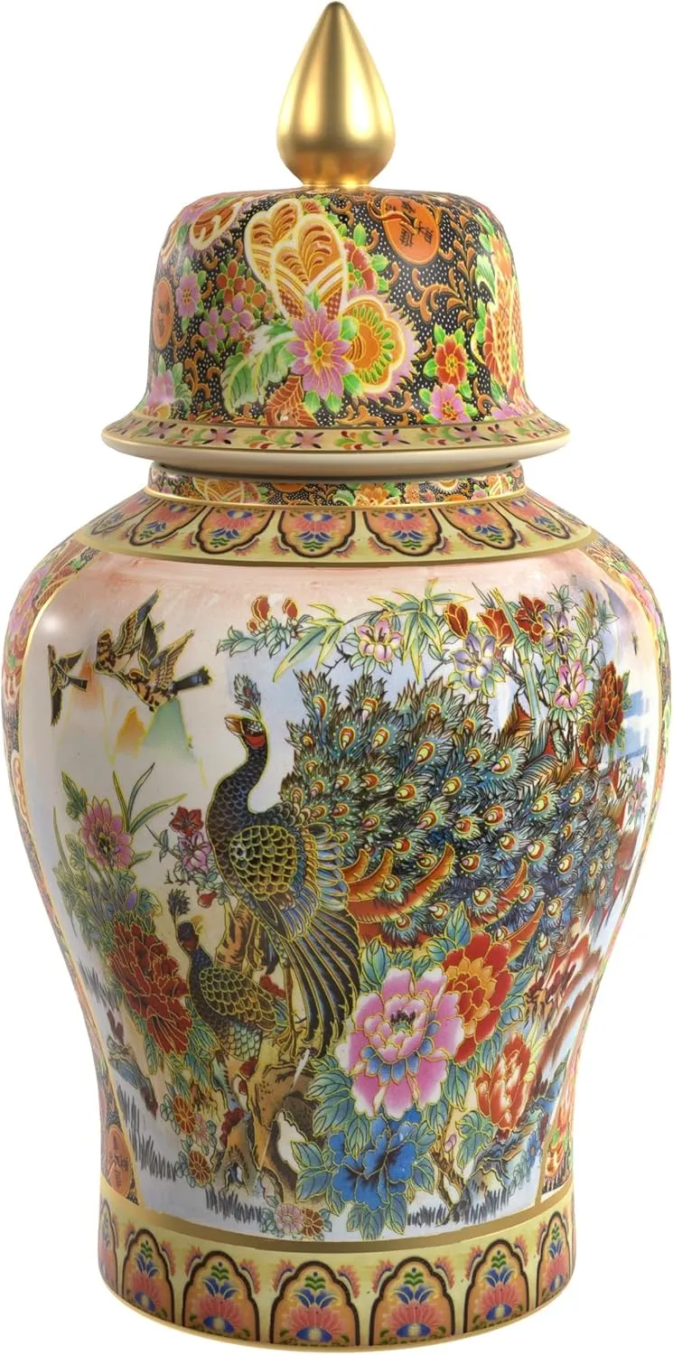 Red Lantern 18" Satsuma Peacock Porcelain Temple Jar