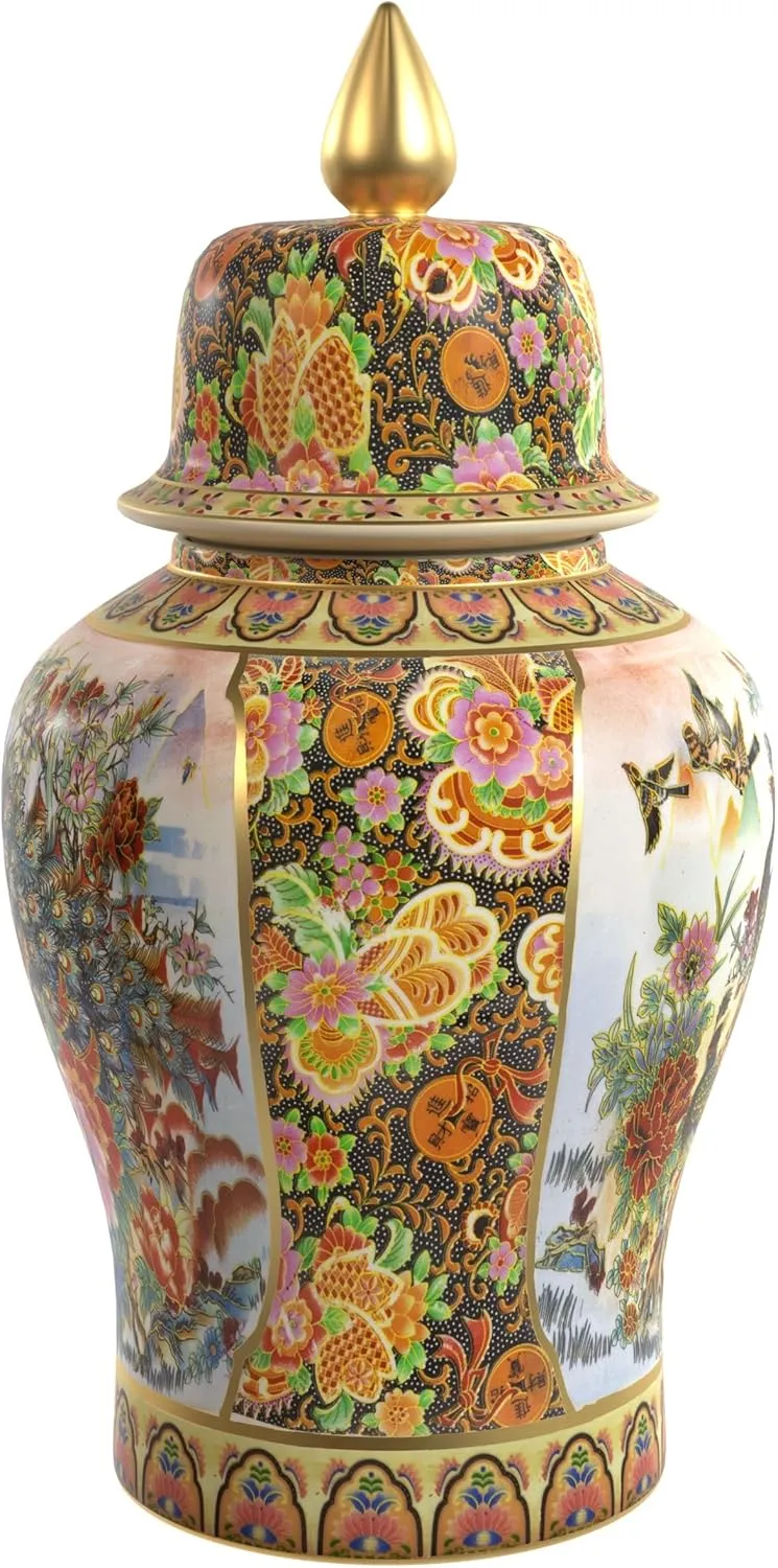 Red Lantern 18" Satsuma Peacock Porcelain Temple Jar
