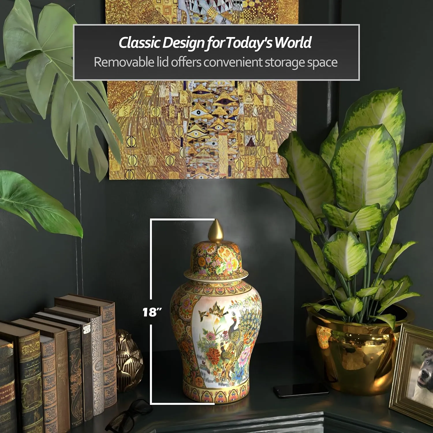 Red Lantern 18" Satsuma Peacock Porcelain Temple Jar