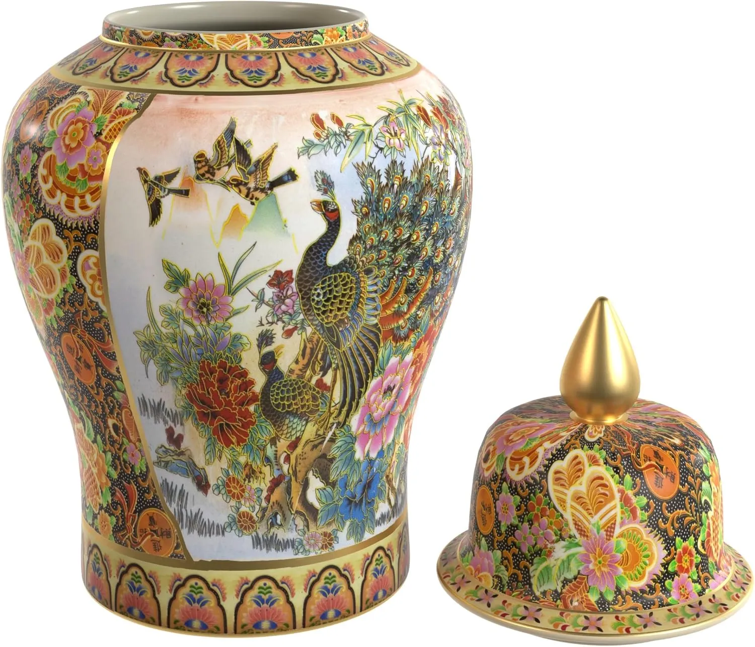 Red Lantern 18" Satsuma Peacock Porcelain Temple Jar