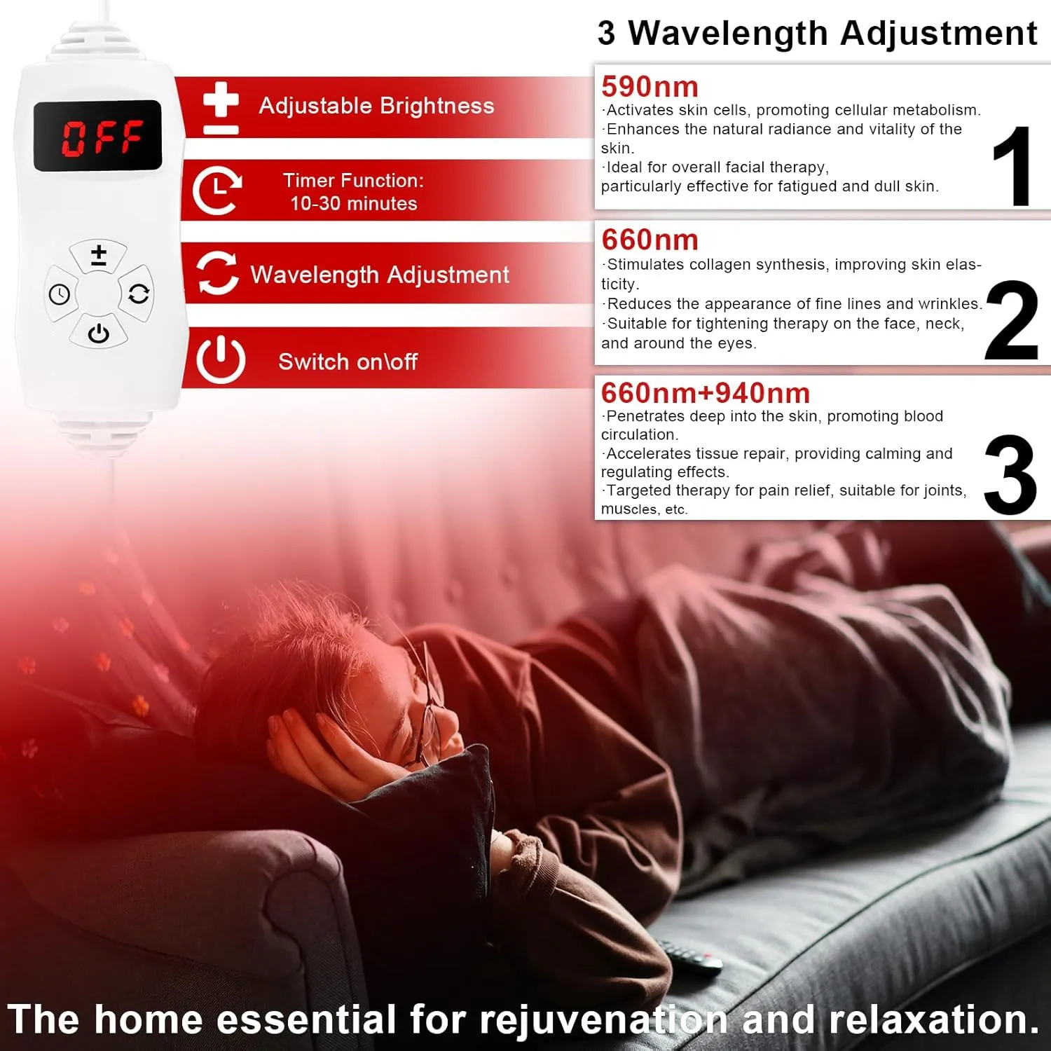 Red Light Therapy for Face,（3 in 1 LED Chip）590 660 940nm-infrared Light Therapy for Face Device with Height Adjustable,Multi-Function Controller with Timeing and Light Change（150 W