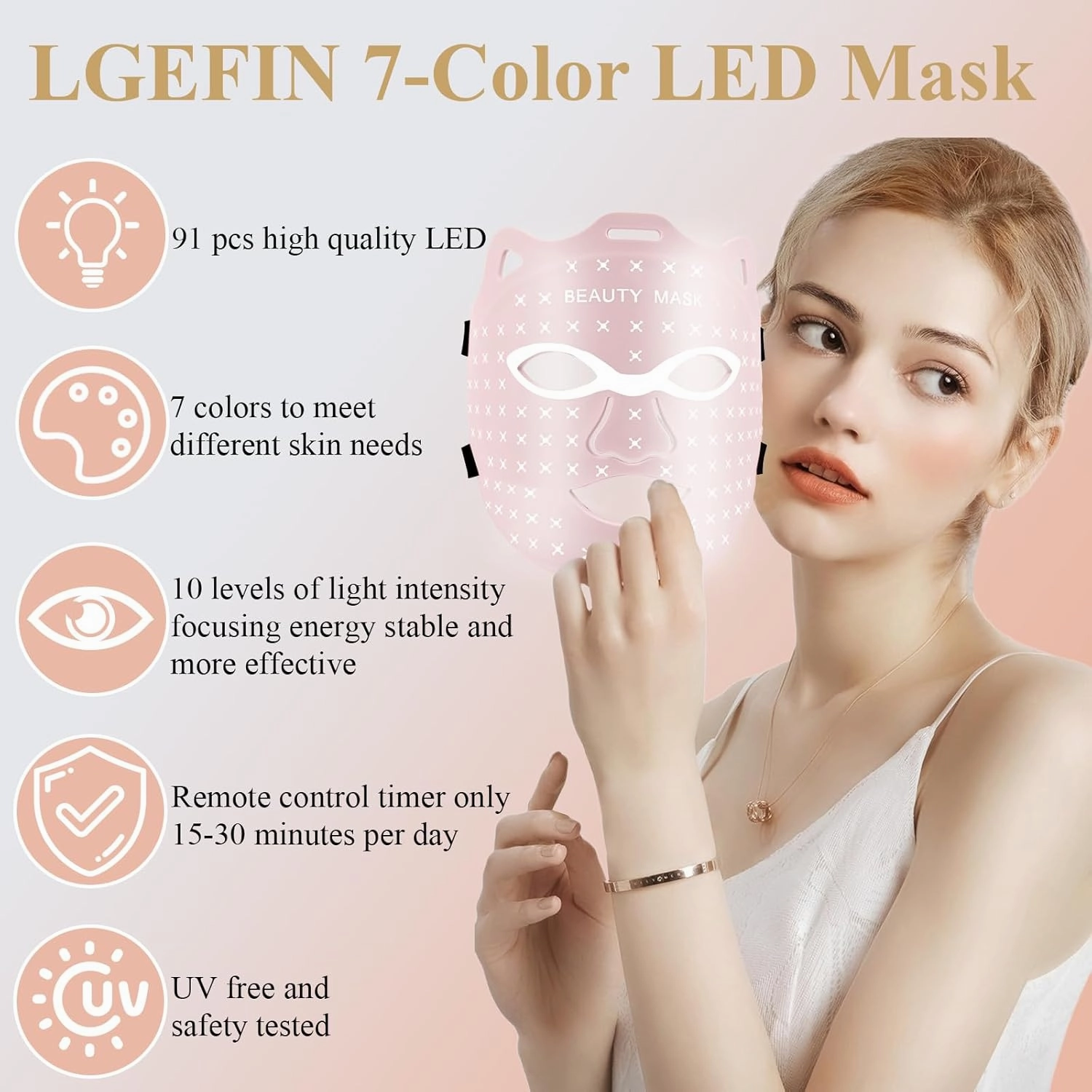 Red Light Therapy For Face,Led Face Mask Light Therapy, 7 Color Red Light Therapy Mask, Rechargeable,Portable,Household Led Face Mask (Pink)