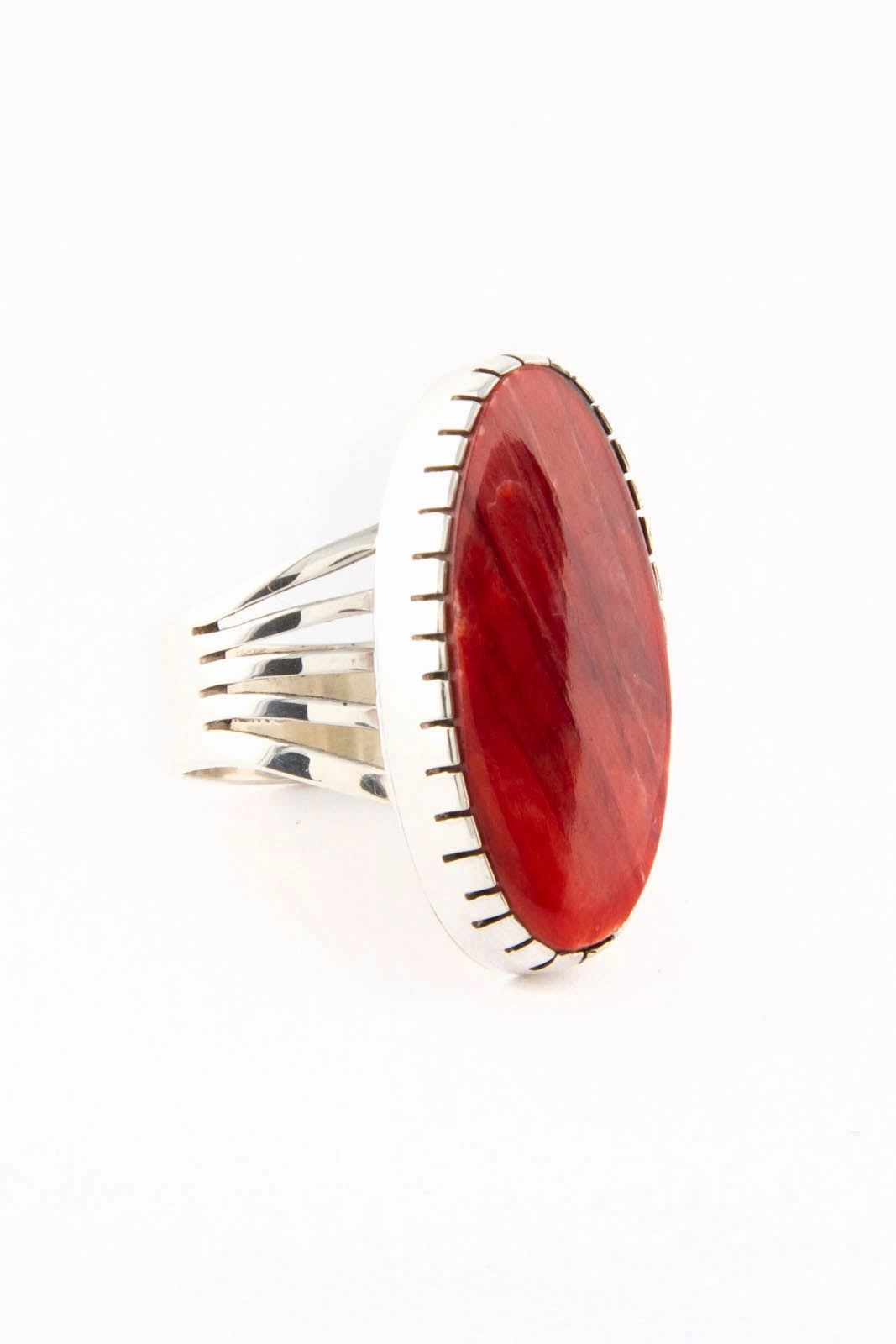 Red Spiny Shell Oval Sterling Silver Ring (Size 8 ½)