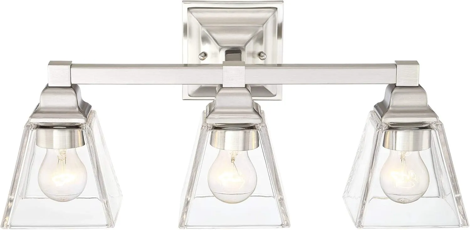 Regency Hill Mencino Mid Century Modern Wall Light Satin Nickel Silver Metal Hardwired 20" Wide 3-Light Fixture Clear Glass Cone Shade for Bathroom Vanity Mirror House Home Room Decor