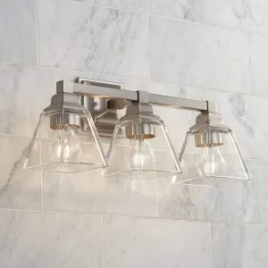Regency Hill Mencino Mid Century Modern Wall Light Satin Nickel Silver Metal Hardwired 20" Wide 3-Light Fixture Clear Glass Cone Shade for Bathroom Vanity Mirror House Home Room Decor