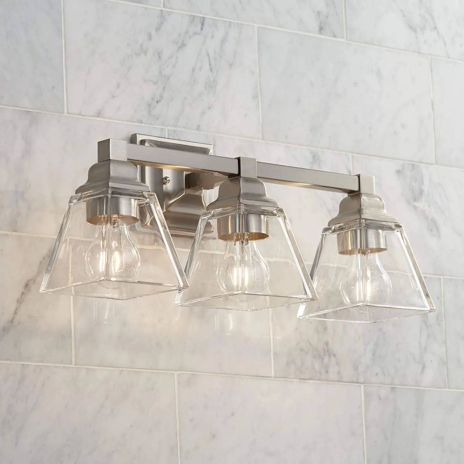 Regency Hill Mencino Mid Century Modern Wall Light Satin Nickel Silver Metal Hardwired 20" Wide 3-Light Fixture Clear Glass Cone Shade for Bathroom Vanity Mirror House Home Room Decor