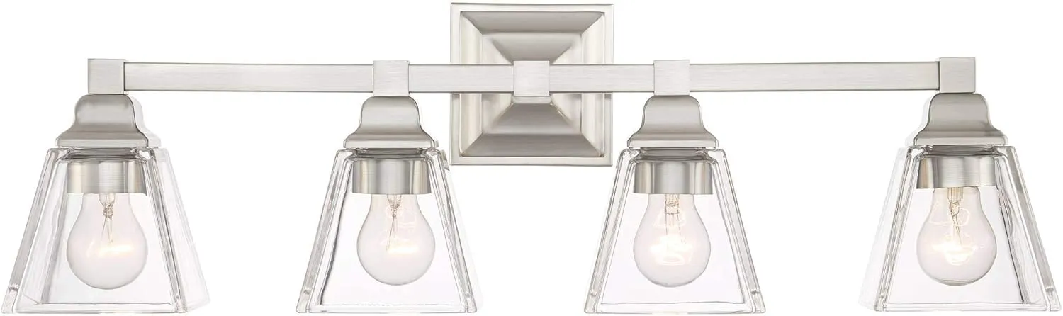 Regency Hill Mencino Mid Century Modern Wall Light Satin Nickel Silver Metal Hardwired 28" Wide 4-Light Fixture Clear Glass Cone Shade for Bathroom Vanity Mirror House Home Room Decor