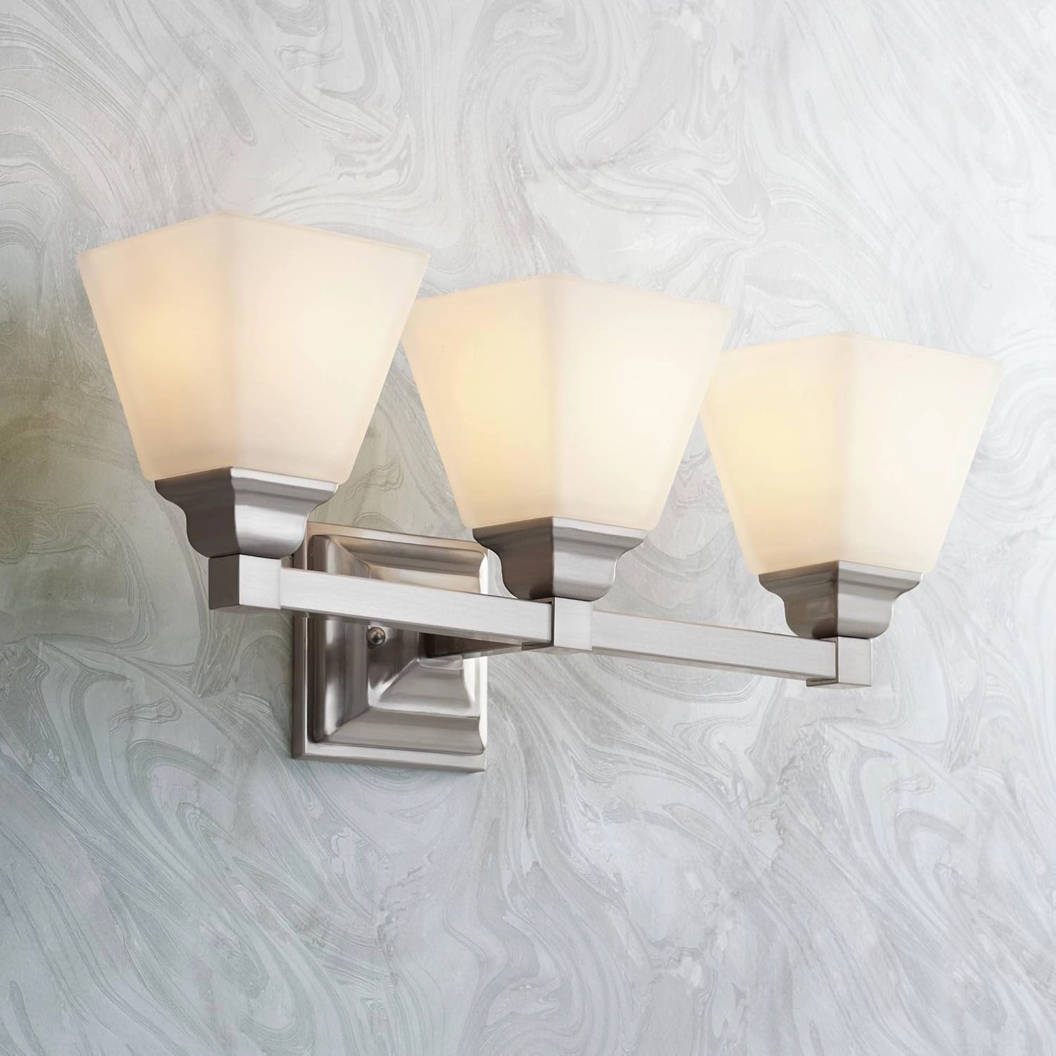 Regency Hill Mencino-Opal Wall Mount Light Satin Nickel Silver Metal Hardwired 20" Wide 3-Light Fixture Etched White Glass Shade for Bathroom Vanity Mirror House Home Room Decor