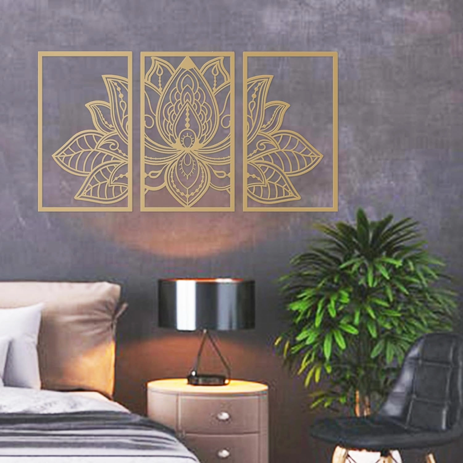 Resama 3 Pcs Lotus Flower Wall Art Decor Metal Mandala Wall Decor Unique Lotus Flower Wall Art for Living Room, Bedroom, Office and Yoga Room Hanging Decor(Gold)