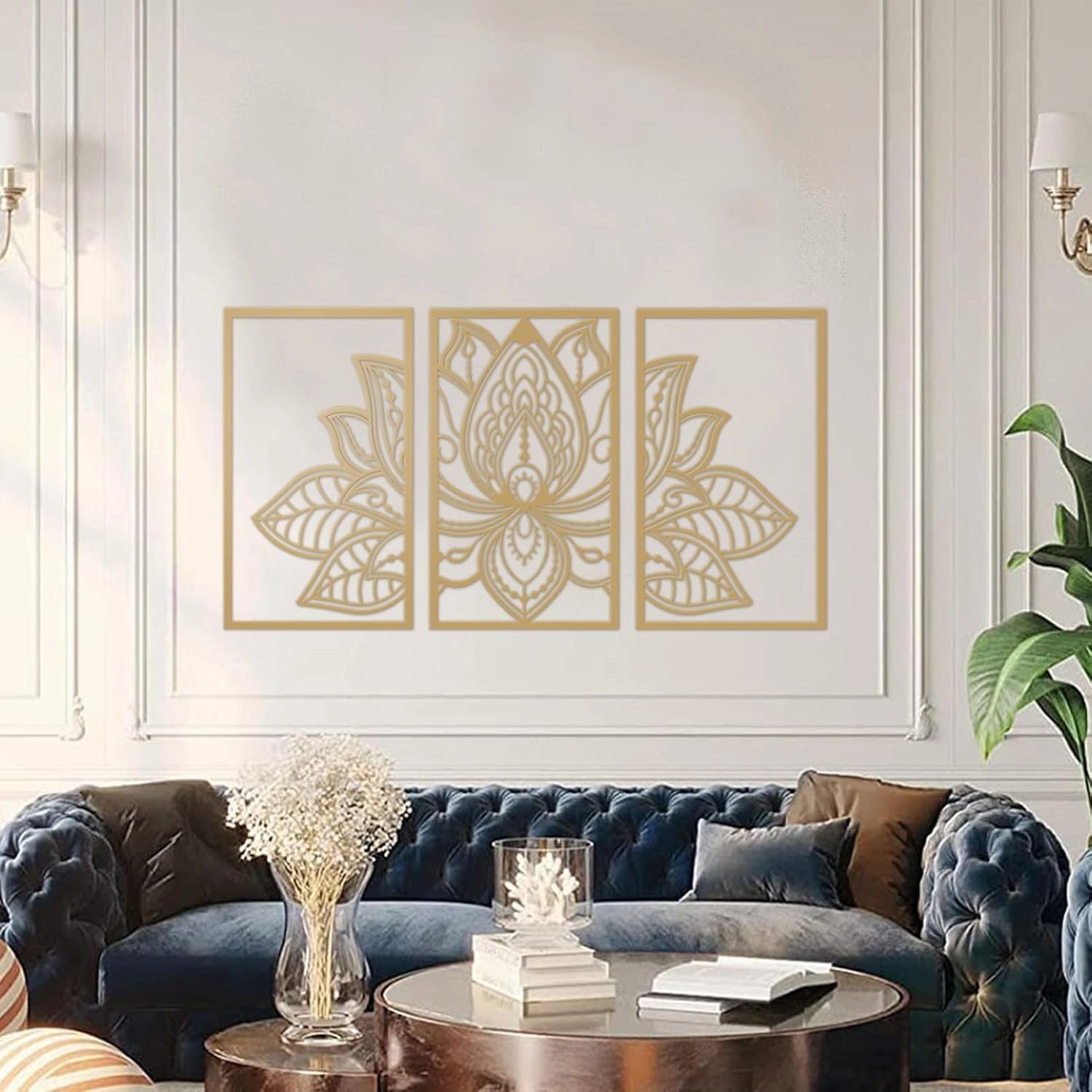 Resama 3 Pcs Lotus Flower Wall Art Decor Metal Mandala Wall Decor Unique Lotus Flower Wall Art for Living Room, Bedroom, Office and Yoga Room Hanging Decor(Gold)