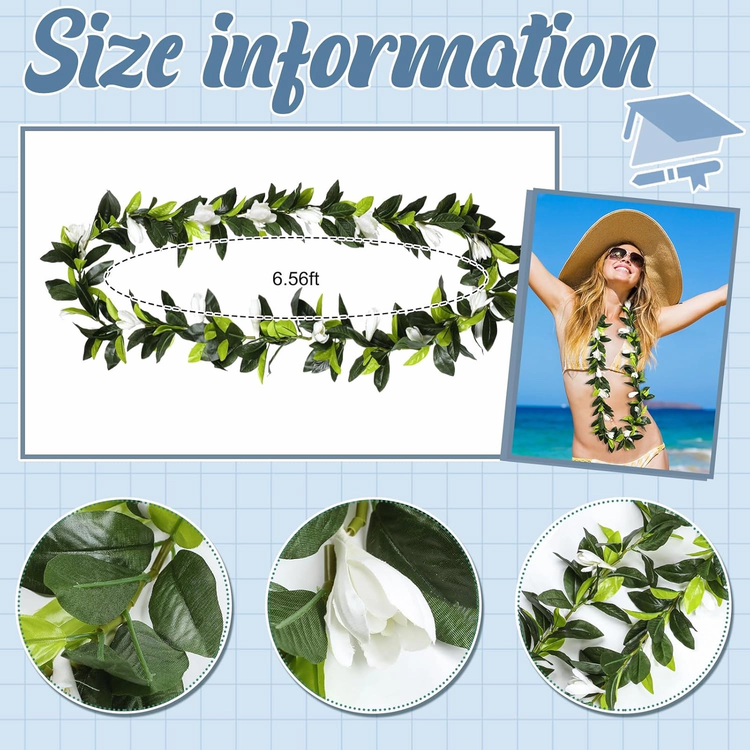 Riceshoot 4 Pcs Hawaiian Graduation Lei 6.56 ft Maile Lei Green Garland White Tuberose 2025 Graduation Gift Leaf Flower Necklace for Wedding Hawaiian School Ceremony Luau Aloha Summer Party Supplies