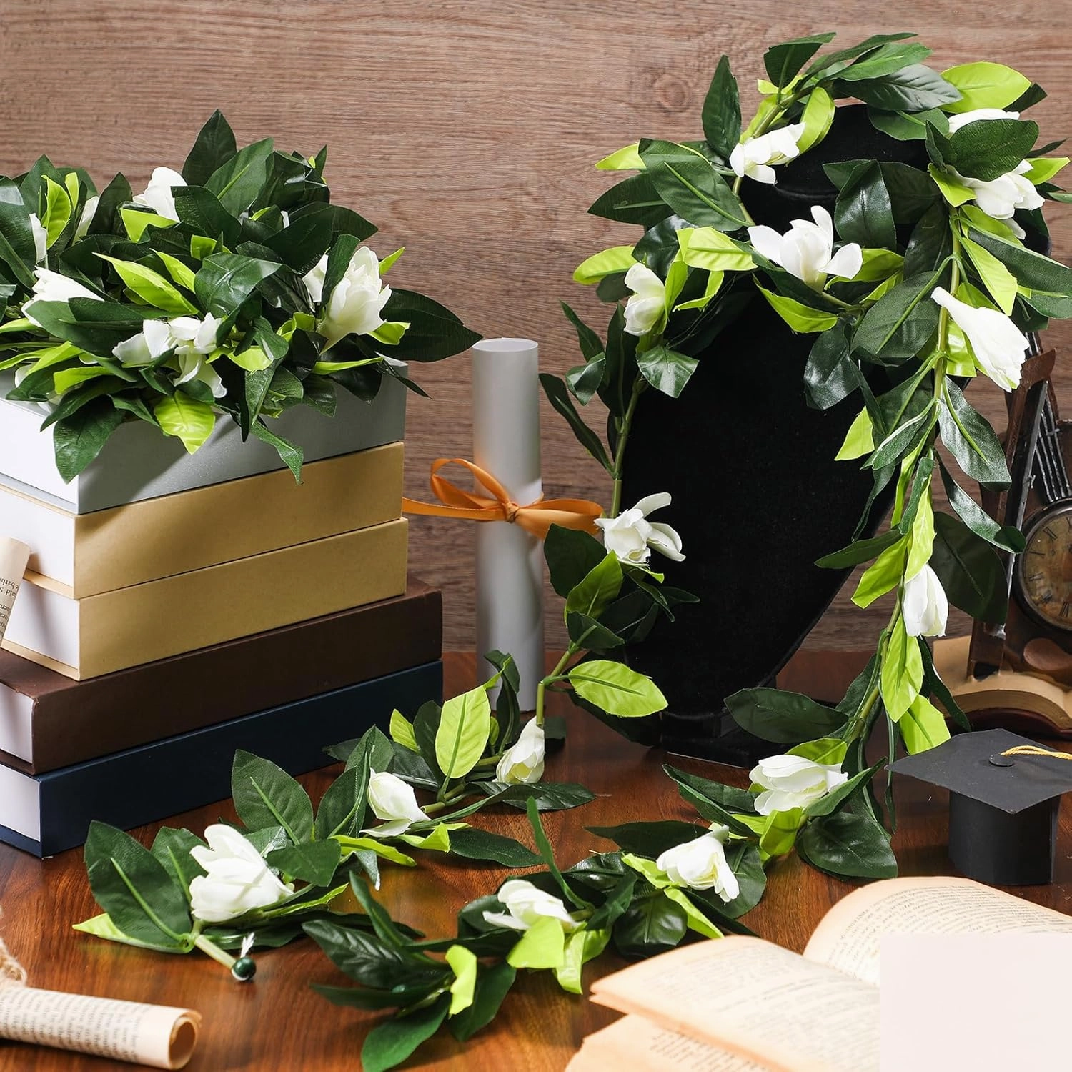 Riceshoot 4 Pcs Hawaiian Graduation Lei 6.56 ft Maile Lei Green Garland White Tuberose 2025 Graduation Gift Leaf Flower Necklace for Wedding Hawaiian School Ceremony Luau Aloha Summer Party Supplies