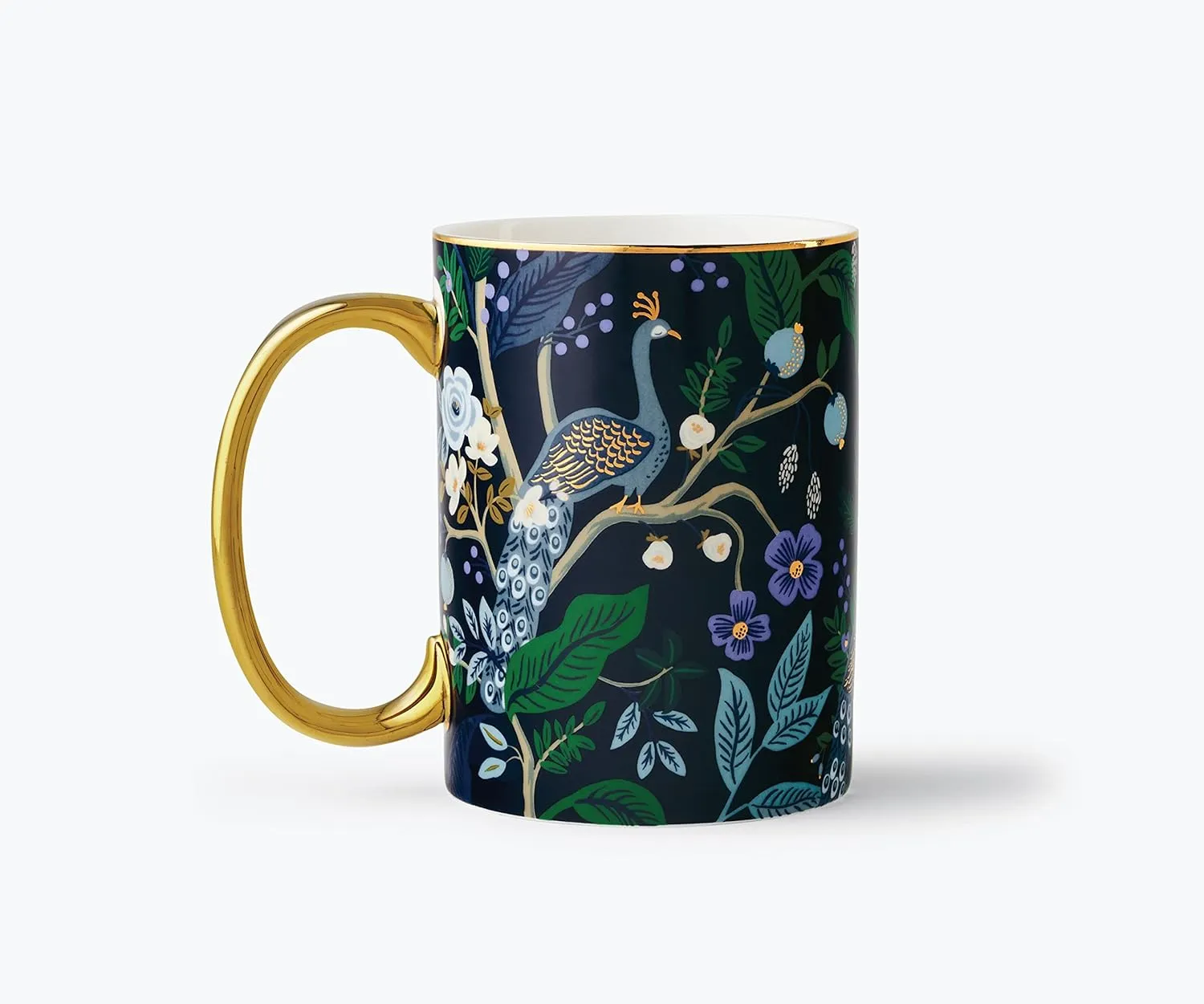 RIFLE PAPER CO. Peacock Porcelain Mug - Porcelain 16 OZ Mug, Full-Color Illustration with Metallic Gold Accents, 4.5" L x 3.125" W, Deep Midnight Blue with Gilded Rim and Handle