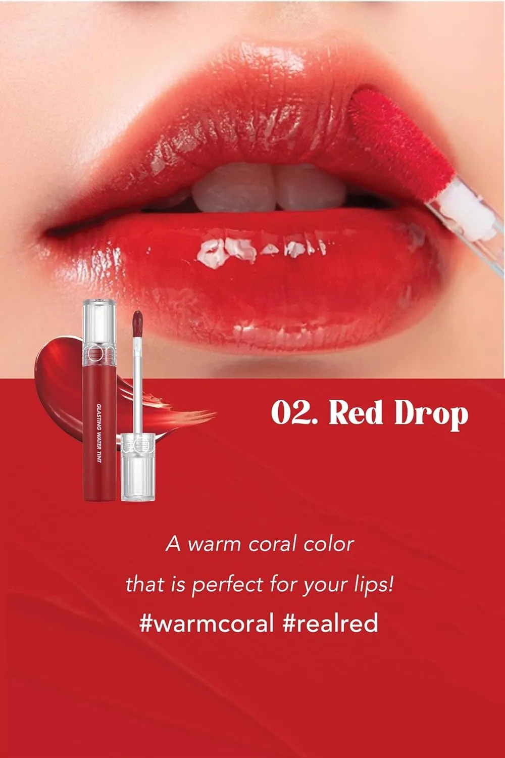 [rom&nd] Glasting Water Tint 8 colors | Vivid color, Glossy Finish, Long-lasting, moisturizing, Highlighting, Natural-beauty | Lip Tint for Daily Use, K-beauty | 4g/0.14oz No.02 RED DROP