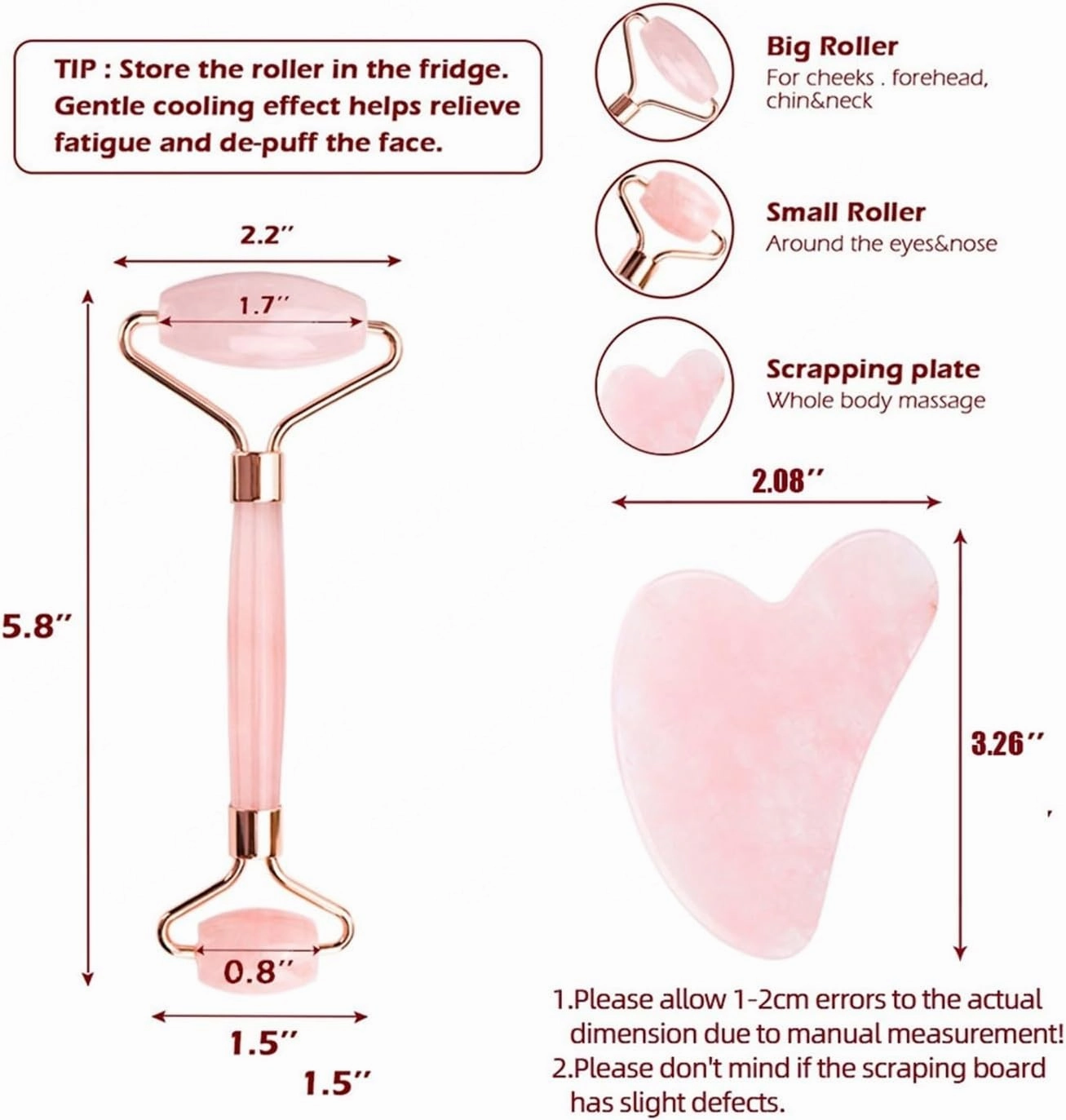 Rose Quartz Powder Crystal Jade Roller Massage Spa Pink Face Massagers Gua Sha Guasha Beauty Tool Lift Up(Type w)