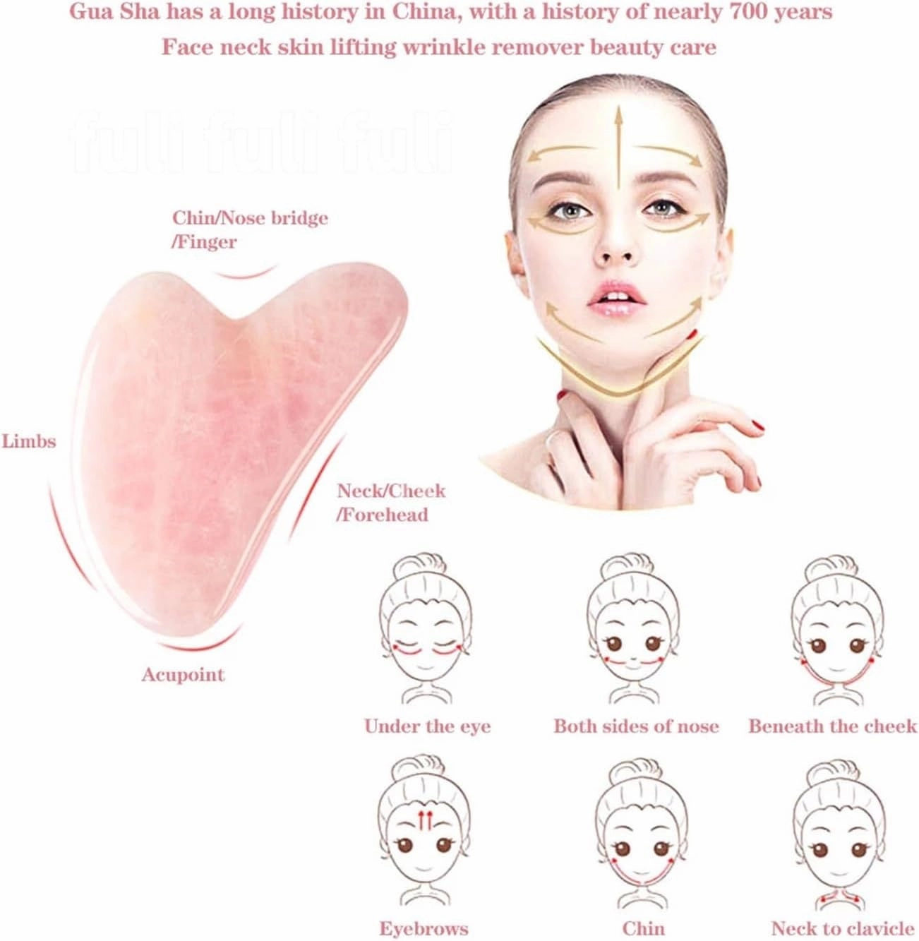 Rose Quartz Powder Crystal Jade Roller Massage Spa Pink Face Massagers Gua Sha Guasha Beauty Tool Lift Up(Type w)