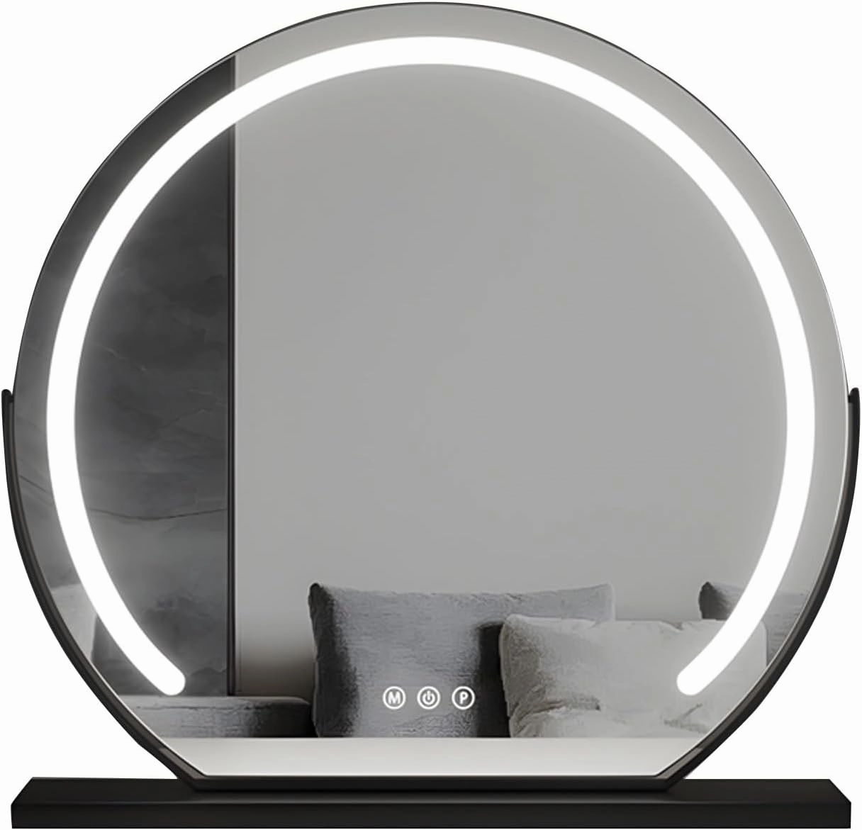 Round Standing Makeup Mirror, Lighted Makeup Mirror, Hollywood Vanity Mirror with Led Lights, Three Color Lighting Modes, Smart Touch Control, 360°Rotation, Black, Gold, White(Black,40cm)