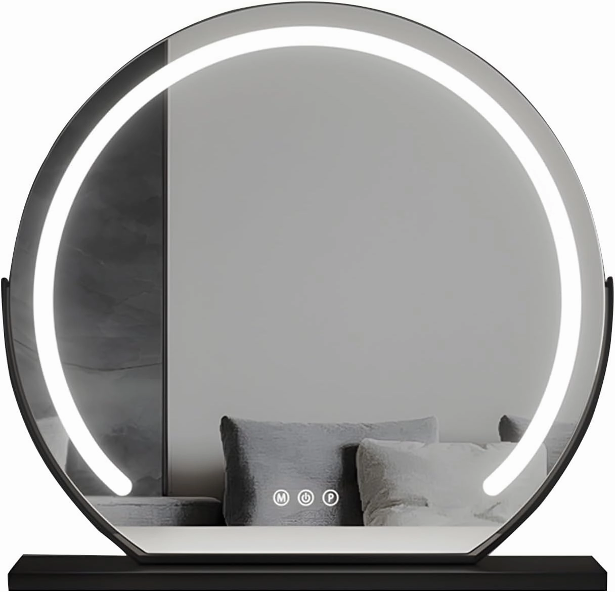 Round Standing Makeup Mirror, Lighted Makeup Mirror, Hollywood Vanity Mirror with Led Lights, Three Color Lighting Modes, Smart Touch Control, 360°Rotation, Black, Gold, White(Black,50cm)