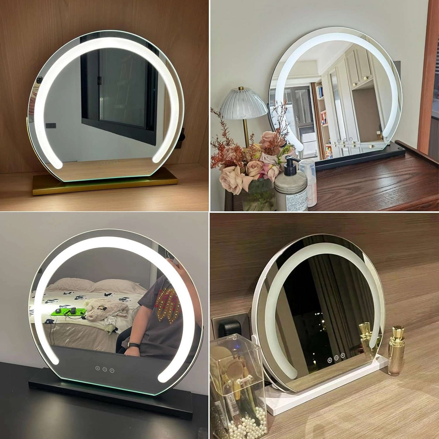 Round Standing Makeup Mirror, Lighted Makeup Mirror, Hollywood Vanity Mirror with Led Lights, Three Color Lighting Modes, Smart Touch Control, 360°Rotation, Black, Gold, White(Gold,30cm)