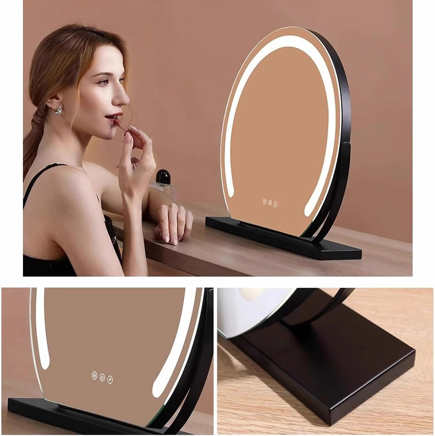 Round Standing Makeup Mirror, Lighted Makeup Mirror, Hollywood Vanity Mirror with Led Lights, Three Color Lighting Modes, Smart Touch Control, 360°Rotation, Black, Gold, White(Gold,30cm)