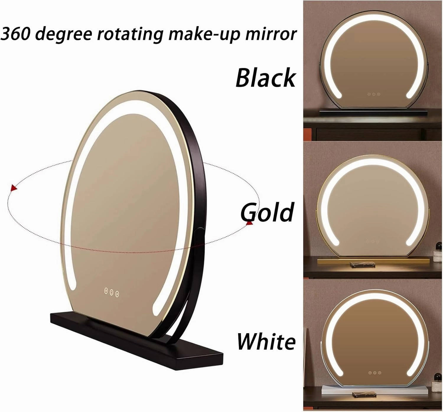 Round Standing Makeup Mirror, Lighted Makeup Mirror, Hollywood Vanity Mirror with Led Lights, Three Color Lighting Modes, Smart Touch Control, 360°Rotation, Black, Gold, White(Gold,30cm)