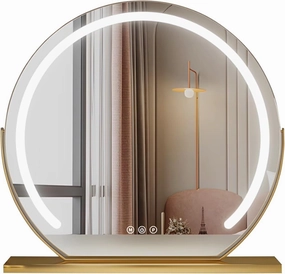Round Standing Makeup Mirror, Lighted Makeup Mirror, Hollywood Vanity Mirror with Led Lights, Three Color Lighting Modes, Smart Touch Control, 360°Rotation, Black, Gold, White(Gold,30cm)
