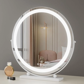 Round Standing Makeup Mirror, Makeup Mirror With Light，360° Free Rotation For Dressing Table，Vanity Cosmetic Mirror With Touch Screen,Illuminated Tabletop Vanity Mirror, Black ( Color : White , Size :