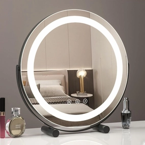 Round Vanity Mirror with Lights - 360° Rotating Makeup Mirror, Smart Touch Control, 3 Colors Dimmable, Tabletop Desk Mirror (White & Black Options)