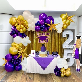 Royal Purple and Gold balloon Garland Arch Kit 140Pcs double stuffed chrome Royal Purple & Starburst balloons for Girl 15/16th Birthday decorations women retirement Graduation Prom supplies