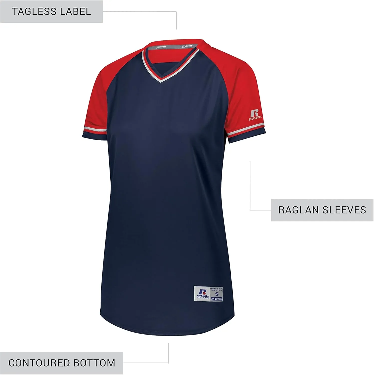 Russell Athletic Women's V-Neck Softball Jersey-Short Sleeve Moisture-Wicking Tee-Classic Athletic Wear