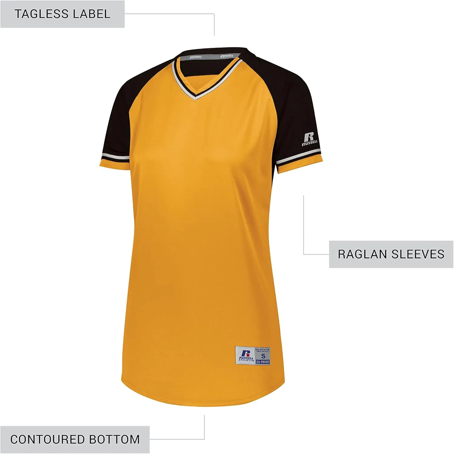 Russell Athletic Women's V-Neck Softball Jersey-Short Sleeve Moisture-Wicking Tee-Classic Athletic Wear