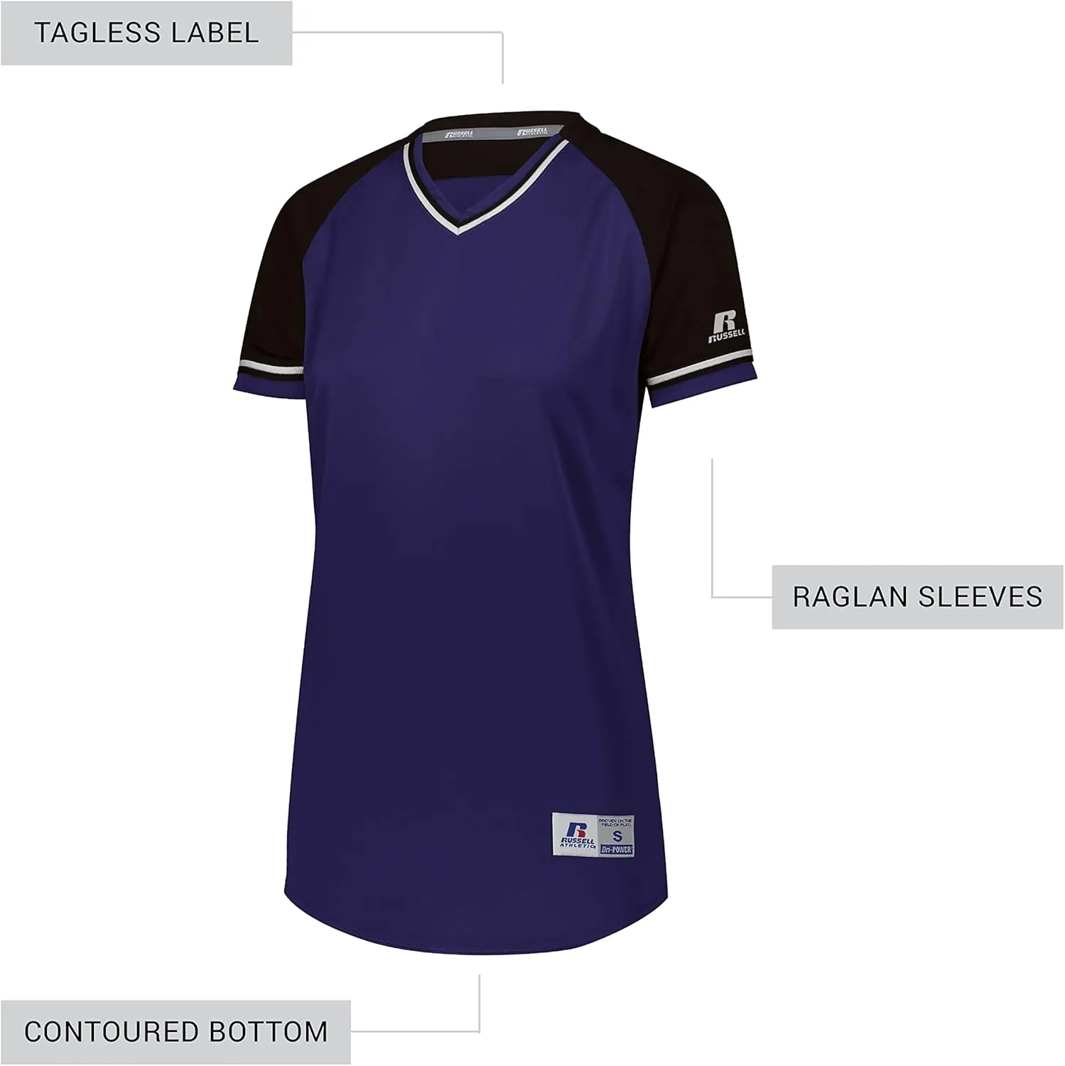 Russell Athletic Women's V-Neck Softball Jersey-Short Sleeve Moisture-Wicking Tee-Classic Athletic Wear