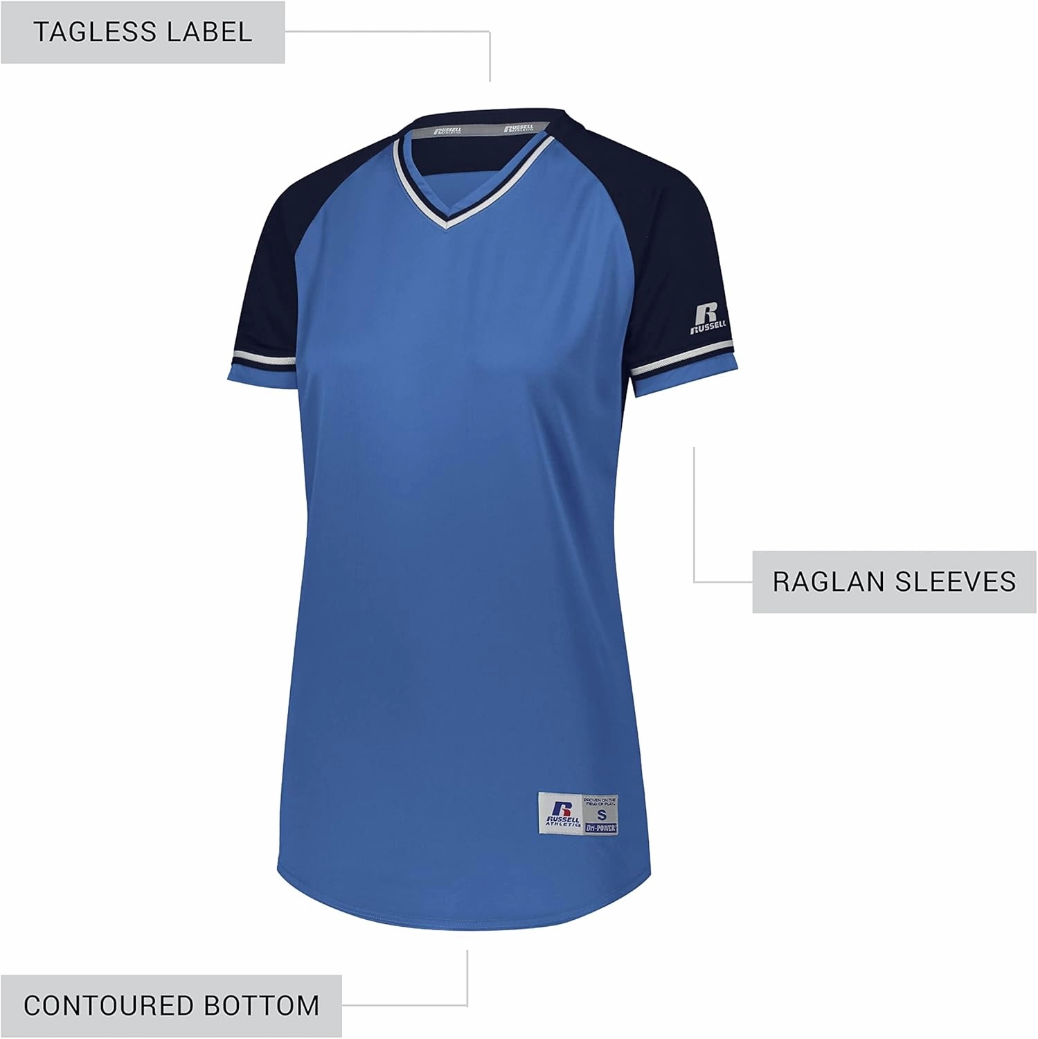 Russell Athletic Women's V-Neck Softball Jersey-Short Sleeve Moisture-Wicking Tee-Classic Athletic Wear