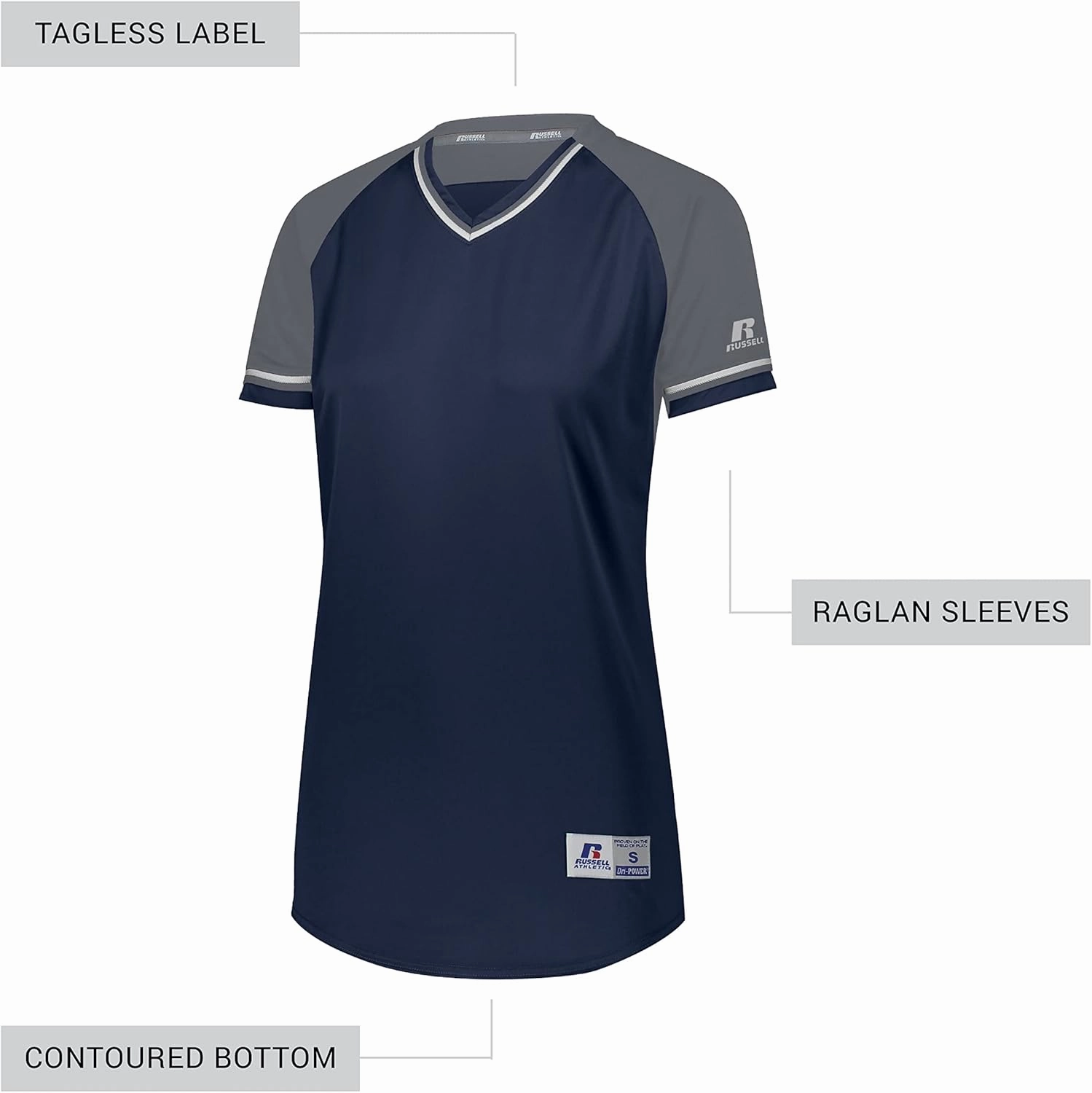 Russell Athletic Women's V-Neck Softball Jersey-Short Sleeve Moisture-Wicking Tee-Classic Athletic Wear