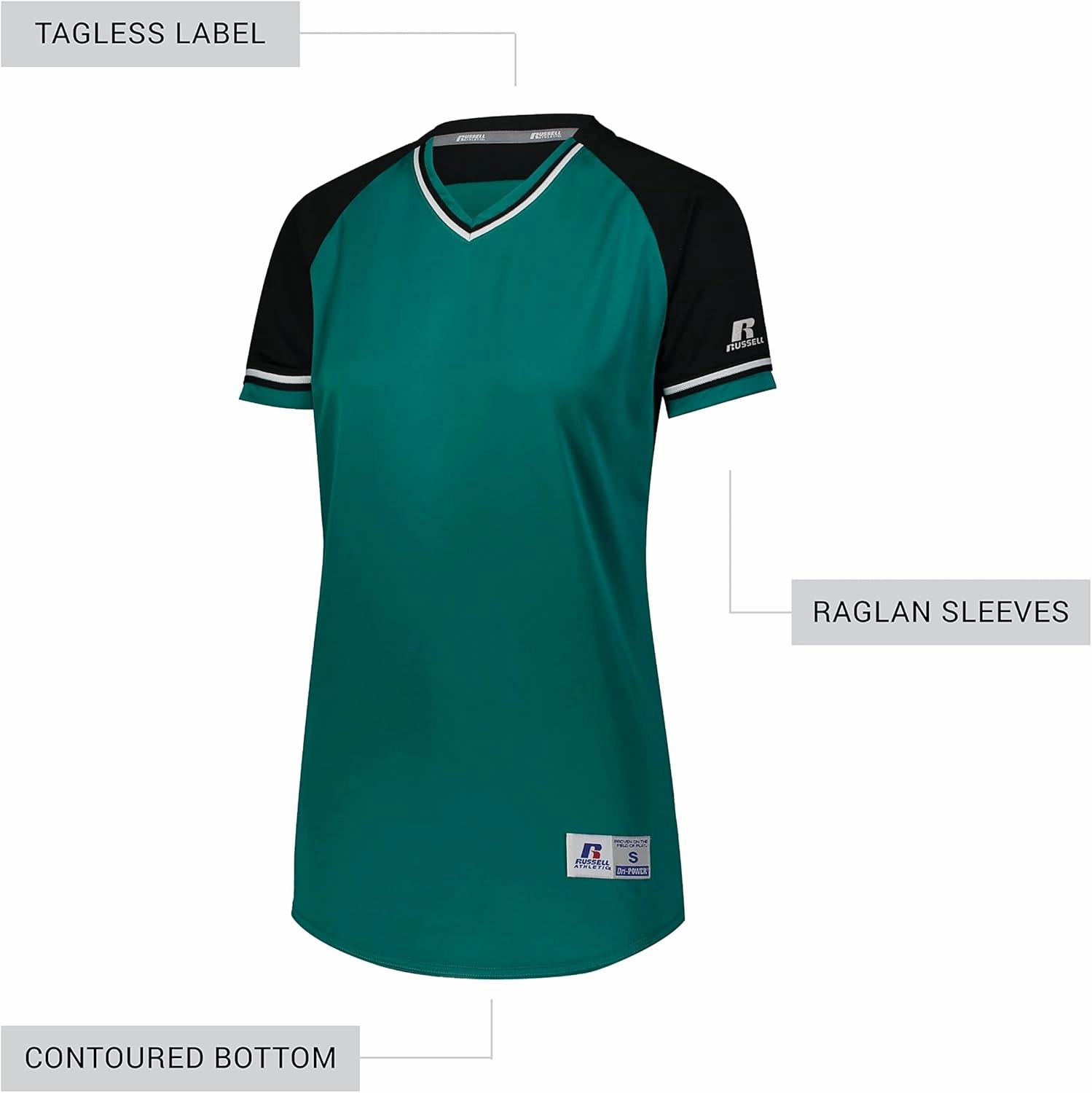 Russell Athletic Women's V-Neck Softball Jersey-Short Sleeve Moisture-Wicking Tee-Classic Athletic Wear