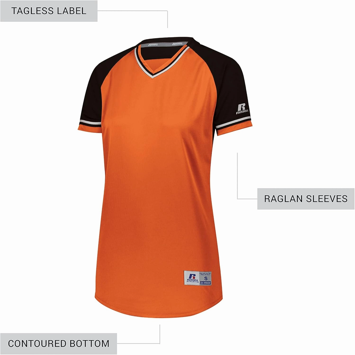 Russell Athletic Women's V-Neck Softball Jersey-Short Sleeve Moisture-Wicking Tee-Classic Athletic Wear