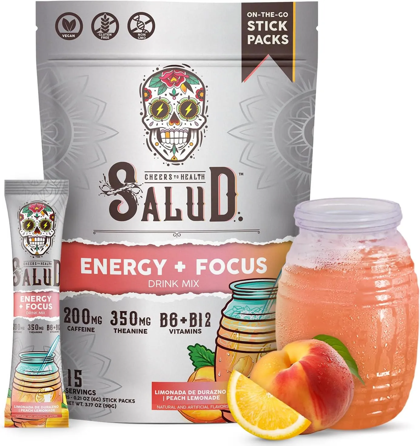 Salud 2-in-1 Energy Drink Powder   Focus, Peach Lemonade, Organic Caffeine, B6   B12, Theanine, Clean Energy Drink Packets, Agua Fresca Mix, Non-GMO, Gluten Free, Vegan, 1g of Sugar, (15 Servings)