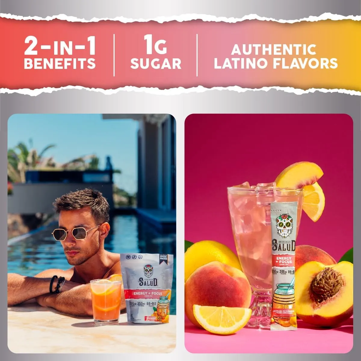 Salud 2-in-1 Energy Drink Powder   Focus, Peach Lemonade, Organic Caffeine, B6   B12, Theanine, Clean Energy Drink Packets, Agua Fresca Mix, Non-GMO, Gluten Free, Vegan, 1g of Sugar, (15 Servings)