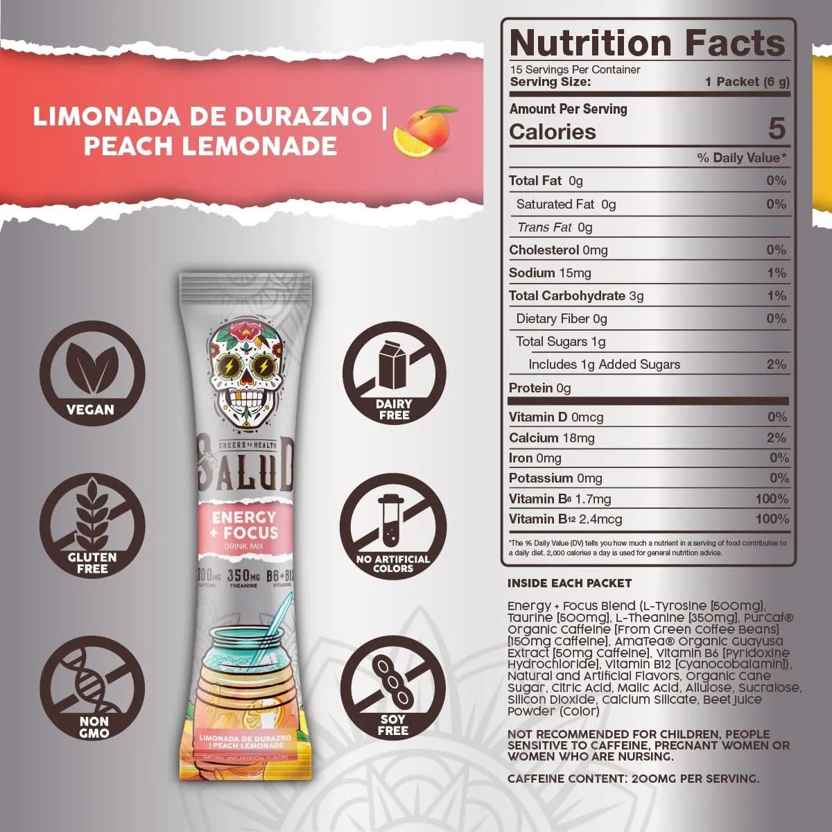 Salud 2-in-1 Energy Drink Powder   Focus, Peach Lemonade, Organic Caffeine, B6   B12, Theanine, Clean Energy Drink Packets, Agua Fresca Mix, Non-GMO, Gluten Free, Vegan, 1g of Sugar, (15 Servings)