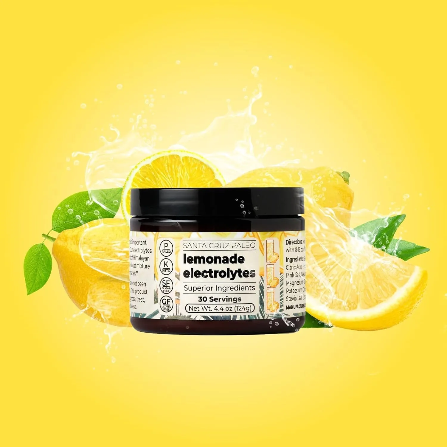 Santa Cruz Paleo Electrolyte Powder, Lemonade Flavor, Sugar Free Hydration Drink Mix with Himalayan Pink Salt, Sea Salt, Magnesium Glycinate, Potassium Chloride, Sweetened with Stevia, 30 Servings